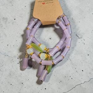 NWT Handmade w/ Love Lavender Beaded Stretch Bracelet Set OS Green Charm Dangle